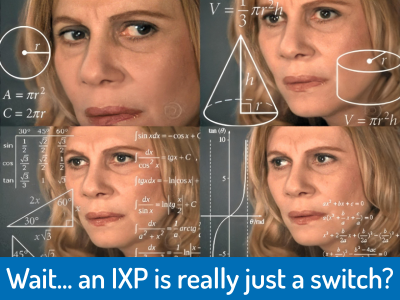 Image of confused math lady meme with caption Wait... an IXP is really just a switch?